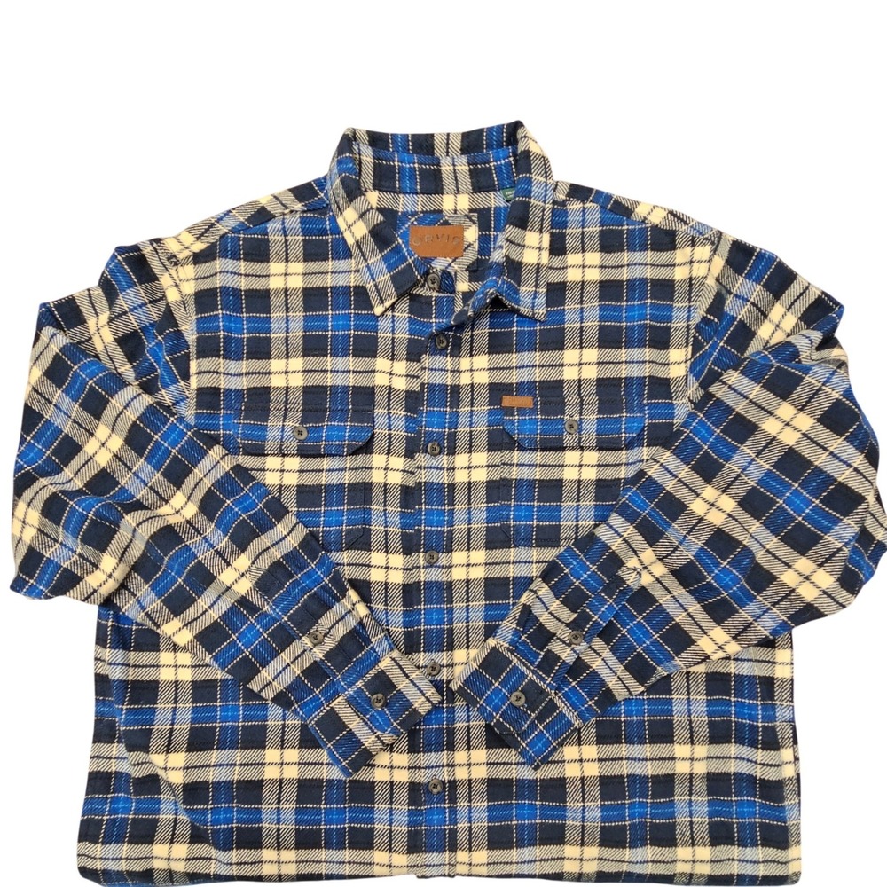 Orvis Flannel Shacket Mens XXL Blue Plaid Heavyweight Cotton Button Up Cabincore